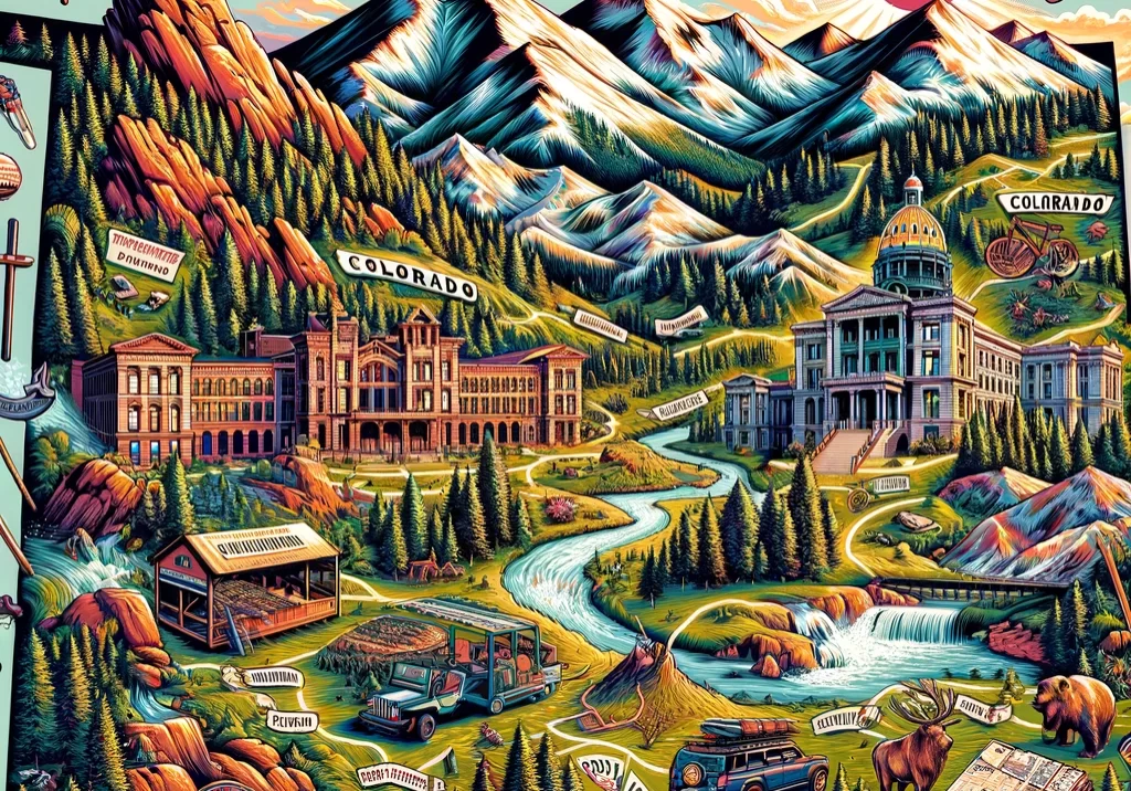 DALL·E 2024-03-03 14.02.41 - An illustrated map of New Mexico, showcasing its rich cultural heritage and stunning landscapes. Highlight the state capital, Santa Fe, with symbols r