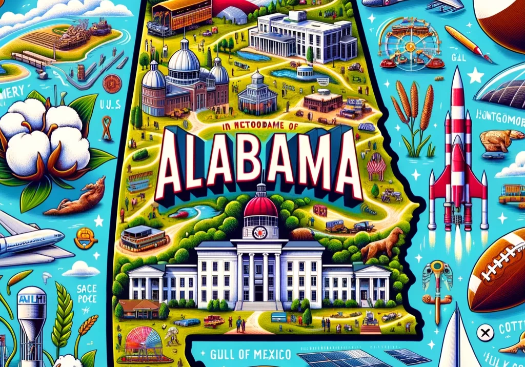 DALL·E 2024-03-02 17.28.14 - An illustrated map of Alabama, highlighting its unique features such as the state capital, Montgomery, significant landmarks like the U.S. Space & Roc