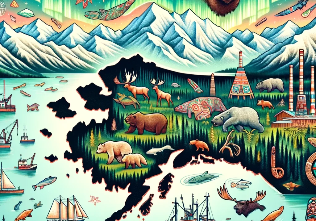 DALL·E 2024-03-02 17.40.43 - An illustrated map of Alaska, showcasing its vast wilderness, mountain ranges like the Denali, extensive forests, and iconic wildlife such as bears an