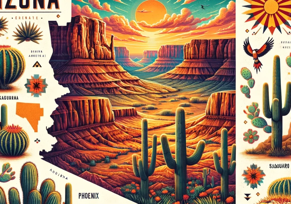 DALL·E 2024-03-02 17.40.51 - An illustrated map of Arizona, capturing its diverse landscapes from the majestic Grand Canyon to the saguaro cactus-filled Sonoran Desert. Highlight