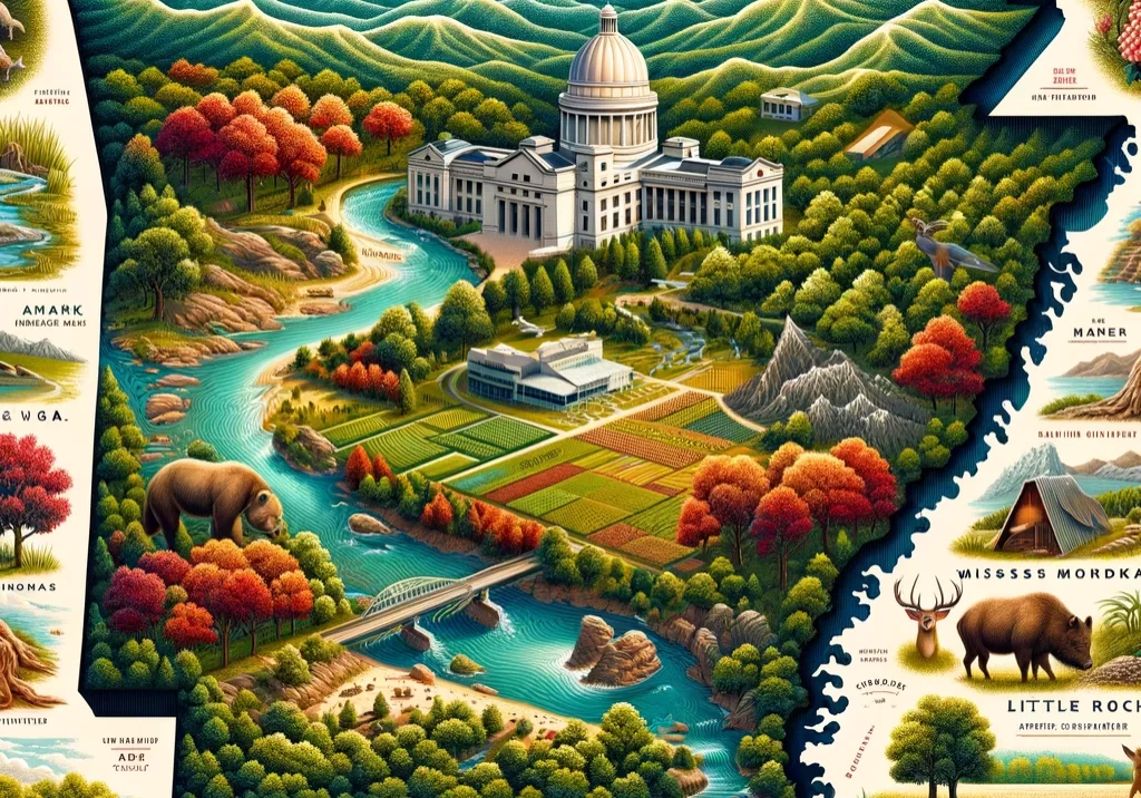 DALL·E 2024-03-02 17.45.21 - An illustrated map of Arkansas, emphasizing its natural beauty with depictions of the Ozark Mountains, the dense forests of the Ouachita, and the Miss