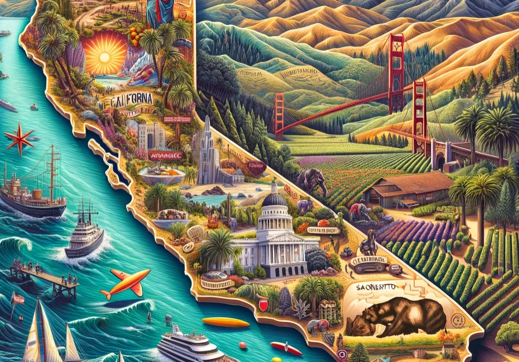 DALL·E 2024-03-02 17.45.52 - An illustrated map of California, capturing the diversity of its landscapes from the sweeping beaches along the Pacific Coast to the towering Sierra N