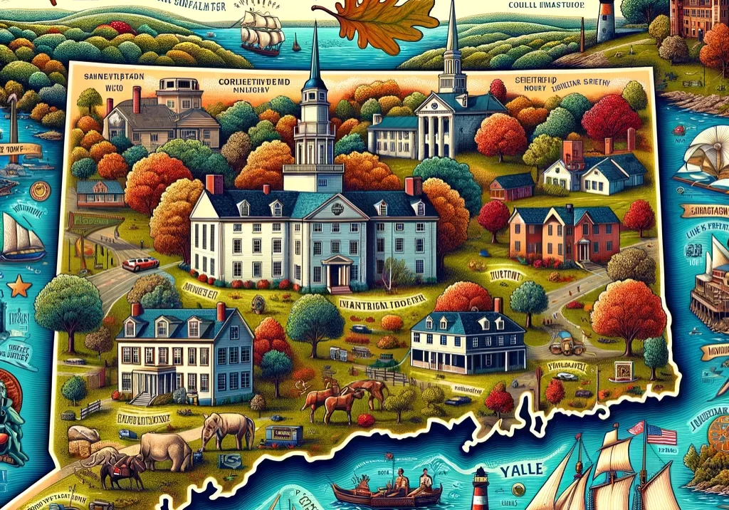 DALL·E 2024-03-02 17.53.11 - An illustrated map of Connecticut, highlighting its colonial history and maritime heritage. The map should feature key landmarks such as the historic