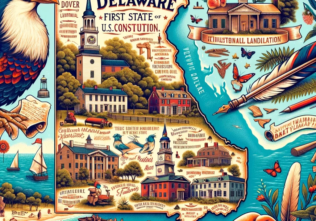 DALL·E 2024-03-02 17.53.42 - An illustrated map of Delaware, highlighting its significance as the first state to ratify the U.S. Constitution. The map should showcase Delaware's m