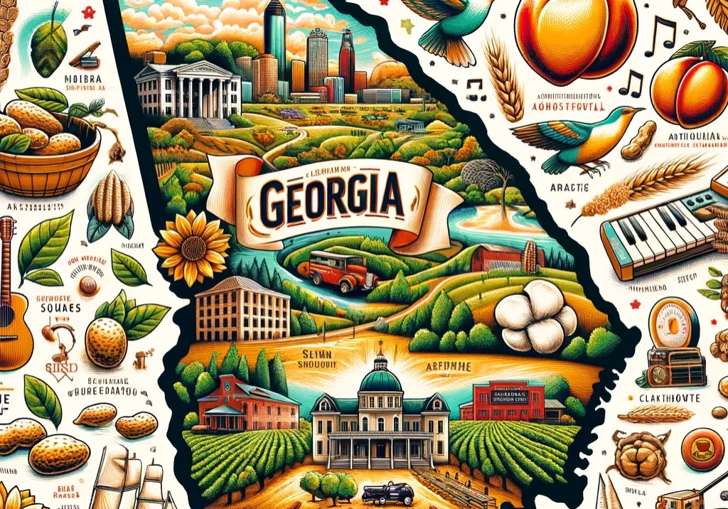 DALL·E 2024-03-02 17.54.30 - An illustrated map of Georgia, emphasizing its rich history, diverse landscapes, and economic contributions. Highlight the bustling city of Atlanta, t