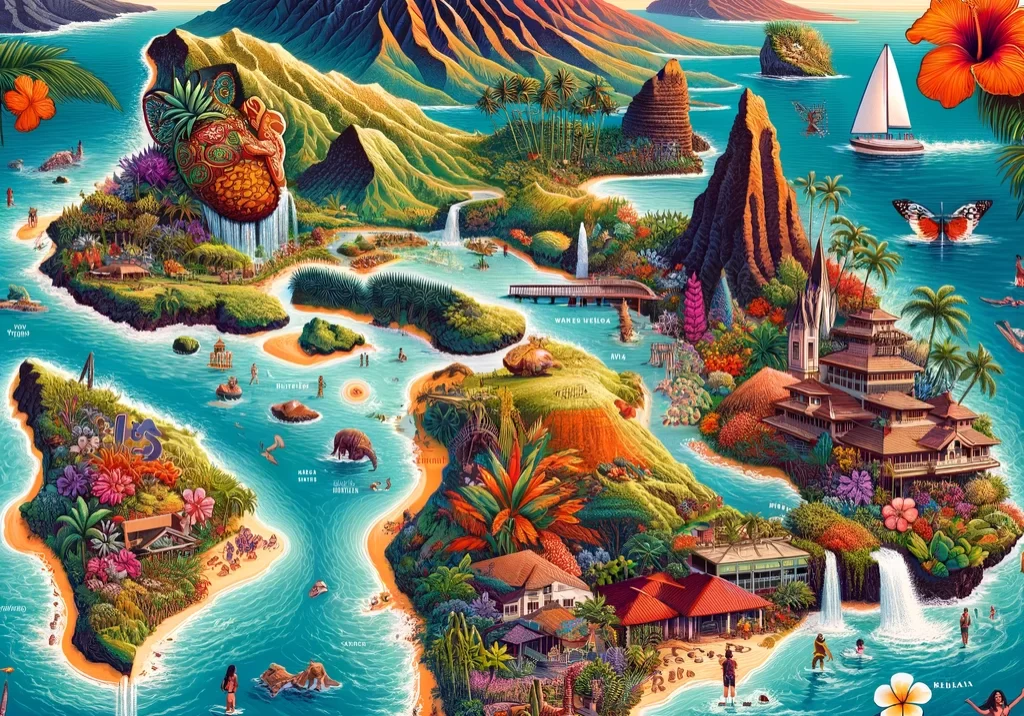 DALL·E 2024-03-02 17.54.55 - An illustrated map of Hawaii, capturing the archipelago's stunning natural beauty and rich Polynesian culture. Highlight the eight main islands, with