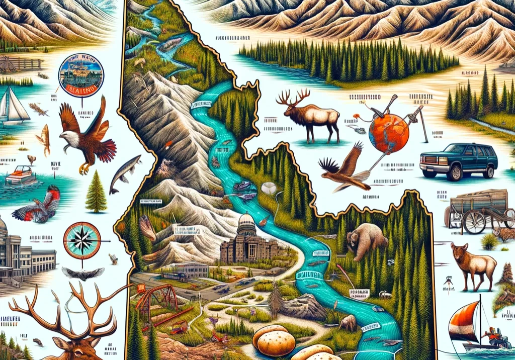 DALL·E 2024-03-02 17.55.16 - An illustrated map of Idaho, highlighting its rugged landscapes and rich natural resources. Showcase the majestic Rocky Mountains, the expansive wilde