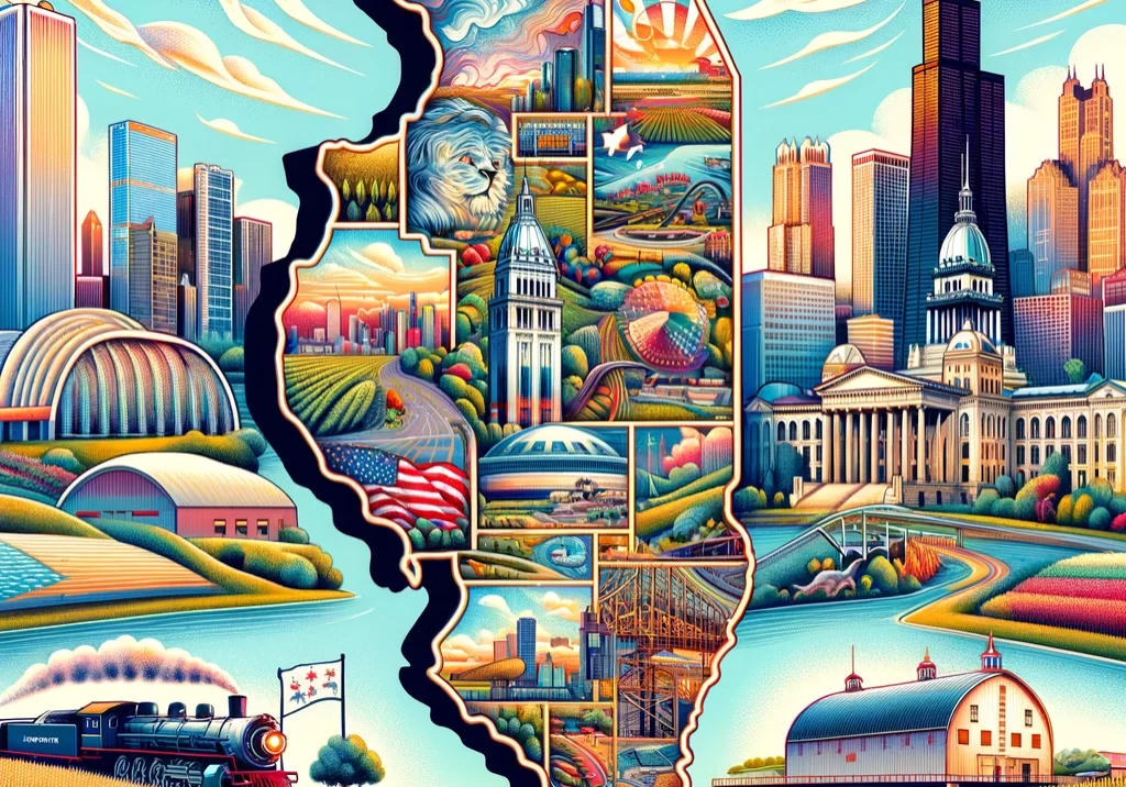 DALL·E 2024-03-02 17.55.39 - An illustrated map of Illinois, showcasing its diverse landscapes and economic contributions. Highlight the vibrant city of Chicago with its iconic sk