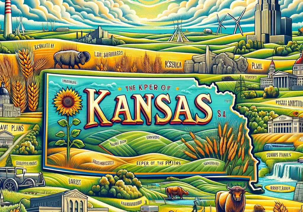 DALL·E 2024-03-03 11.04.22 - An illustrated map of Kansas, highlighting its vast plains and agricultural heritage. Feature the state capital, Topeka, and iconic landmarks such as