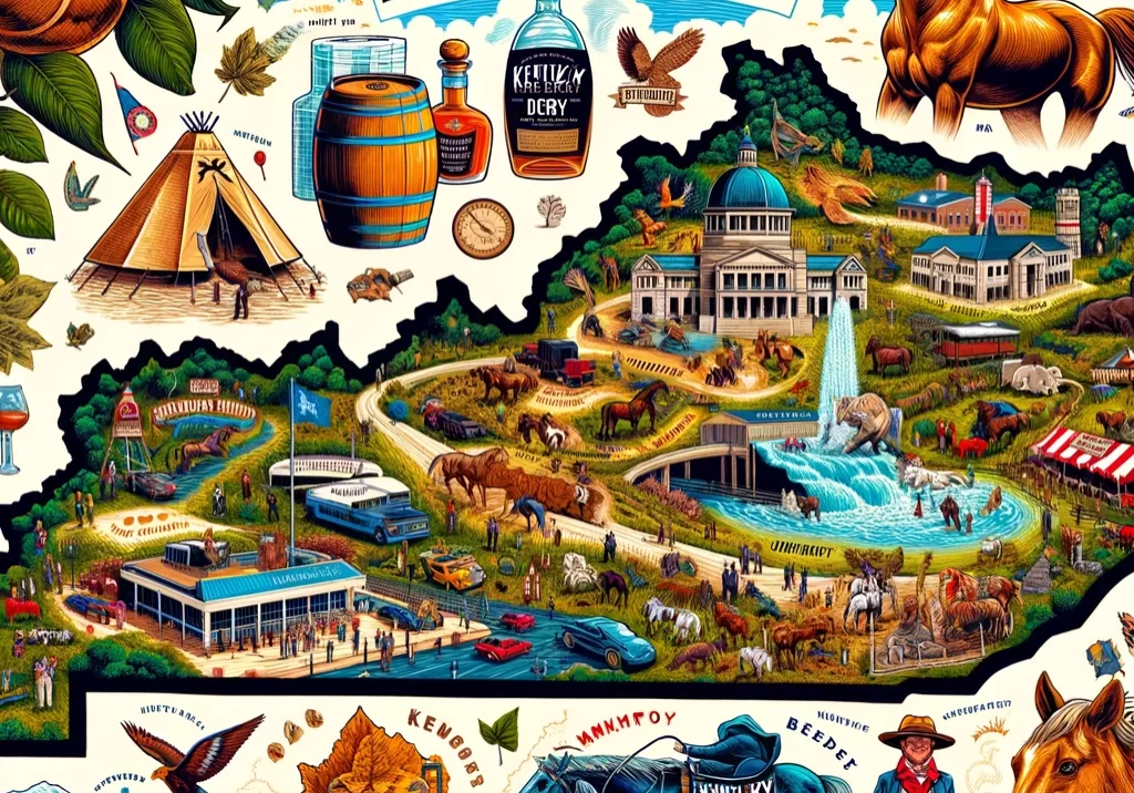 DALL·E 2024-03-03 11.18.13 - An illustrated map of Kentucky, emphasizing its rich cultural heritage and natural beauty. Highlight the state capital, Frankfort, and significant lan