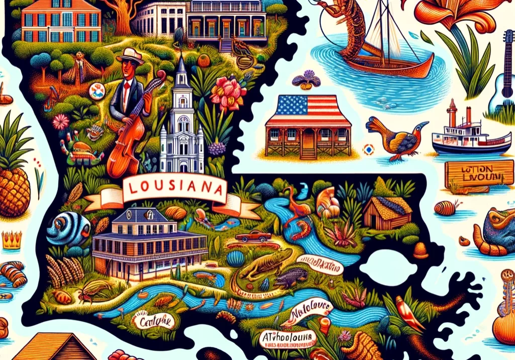 DALL·E 2024-03-03 11.19.05 - An illustrated map of Louisiana, showcasing its unique blend of cultures and rich natural landscapes. Highlight New Orleans with symbols like a jazz m