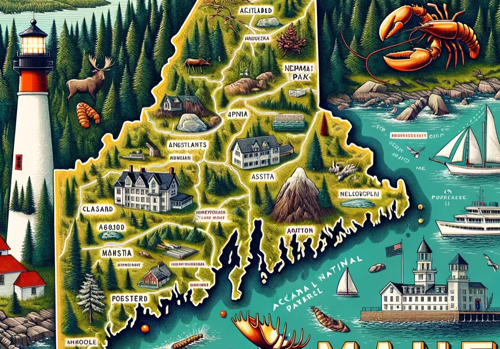 DALL·E 2024-03-03 11.26.53 - An illustrated map of Maine, capturing its rugged coastline, dense forests, and iconic lighthouses. Highlight Portland, the largest city, with a repre