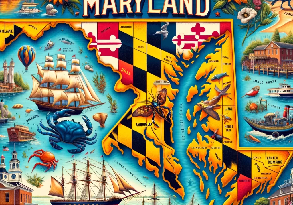 DALL·E 2024-03-03 11.59.06 - An illustrated map of Maryland, highlighting its unique geographical features and rich history. Include the Chesapeake Bay, a central element of the s