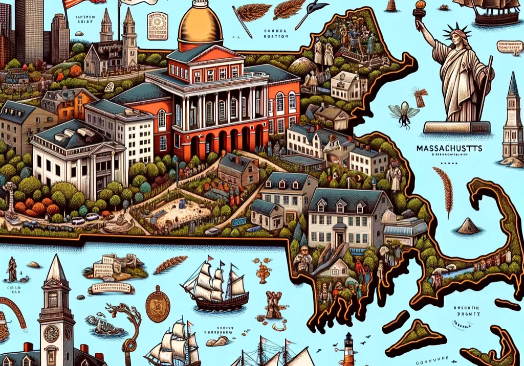 DALL·E 2024-03-03 12.09.30 - An illustrated map of Massachusetts, capturing its rich historical significance and diverse landscapes. Highlight Boston, the state capital, with land