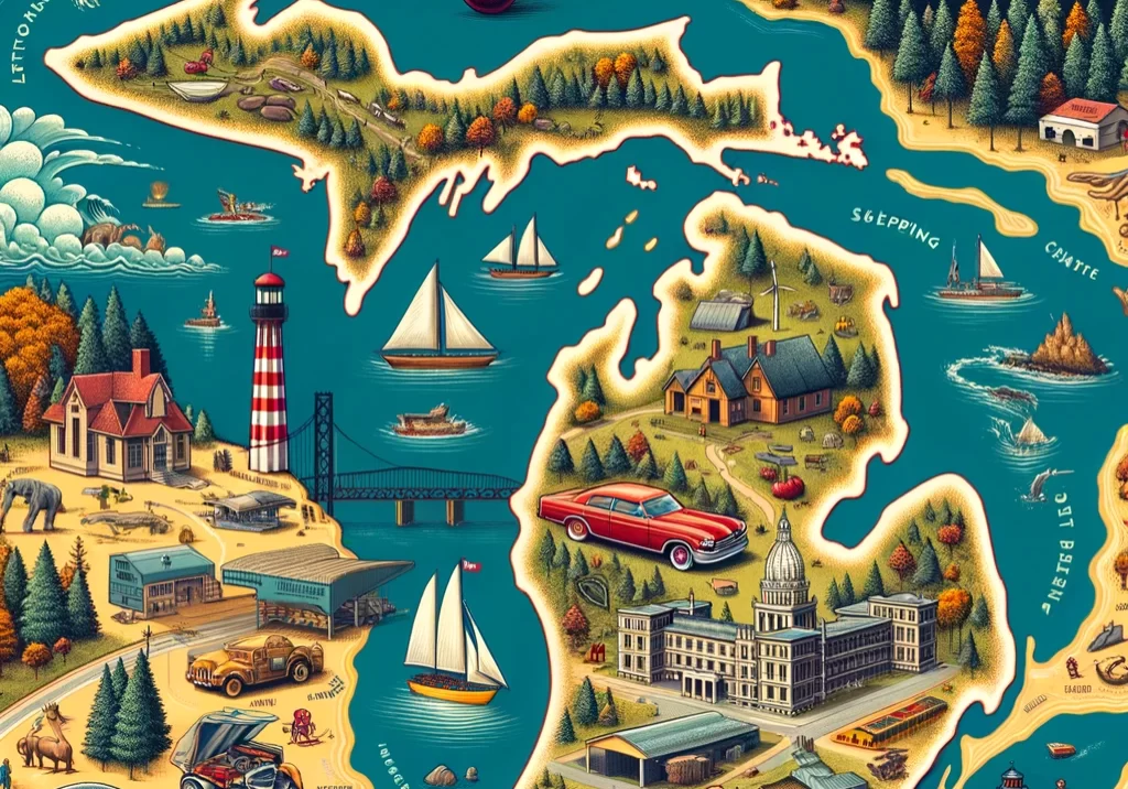 DALL·E 2024-03-03 12.14.24 - An illustrated map of Michigan, showcasing its two peninsulas surrounded by the Great Lakes. Highlight Detroit, known for its automotive industry, wit