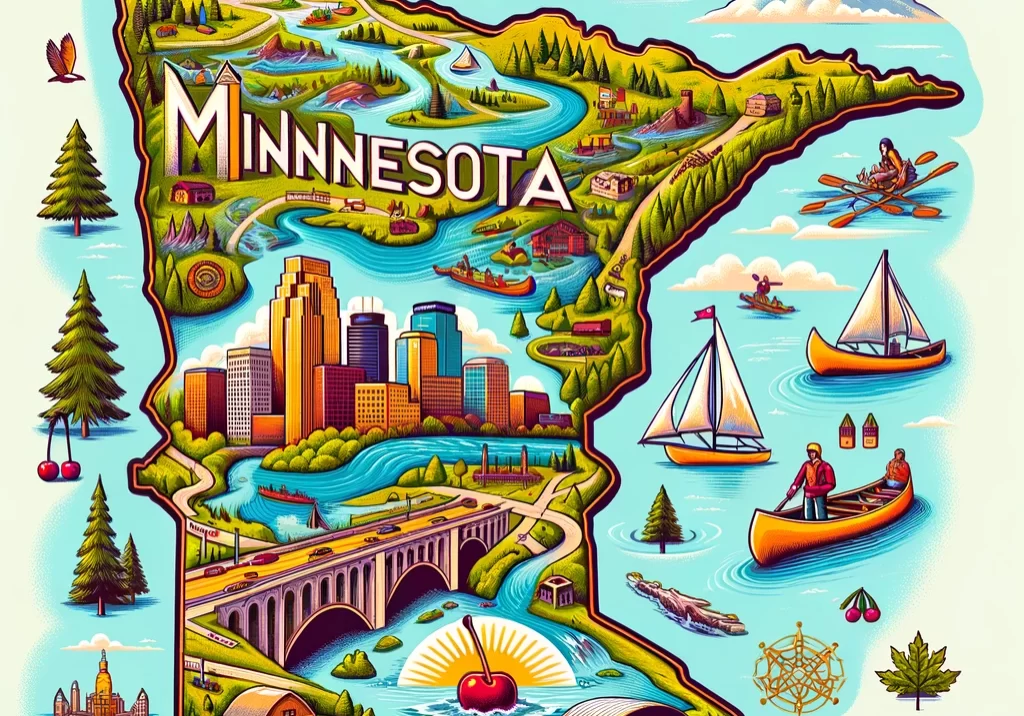 DALL·E 2024-03-03 12.20.27 - An illustrated map of Minnesota, emphasizing its nickname 'The Land of 10,000 Lakes' with a focus on its numerous lakes and waterways. Highlight Minne