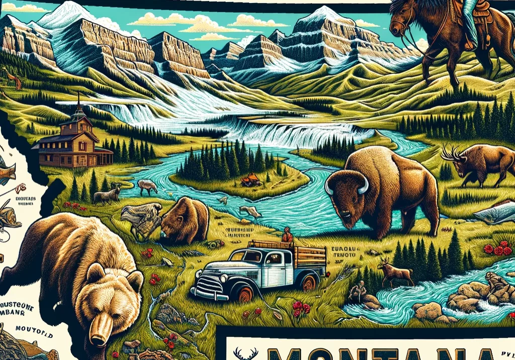 DALL·E 2024-03-03 12.38.11 - An illustrated map of Montana, showcasing its vast wilderness and rugged landscapes. Highlight the state capital, Helena, and significant natural land