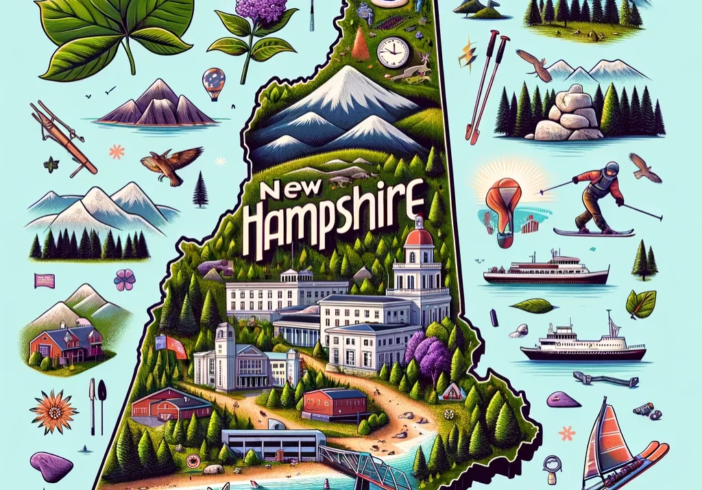 DALL·E 2024-03-03 13.35.02 - An illustrated map of New Hampshire, highlighting its rich history, natural landscapes, and outdoor activities. Feature the state capital, Concord, an