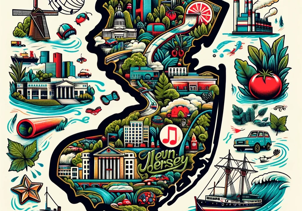 DALL·E 2024-03-03 14.00.08 - An illustrated map of New Jersey, capturing its diverse regions from the Jersey Shore's iconic beaches to the bustling urban areas of Newark and Jerse