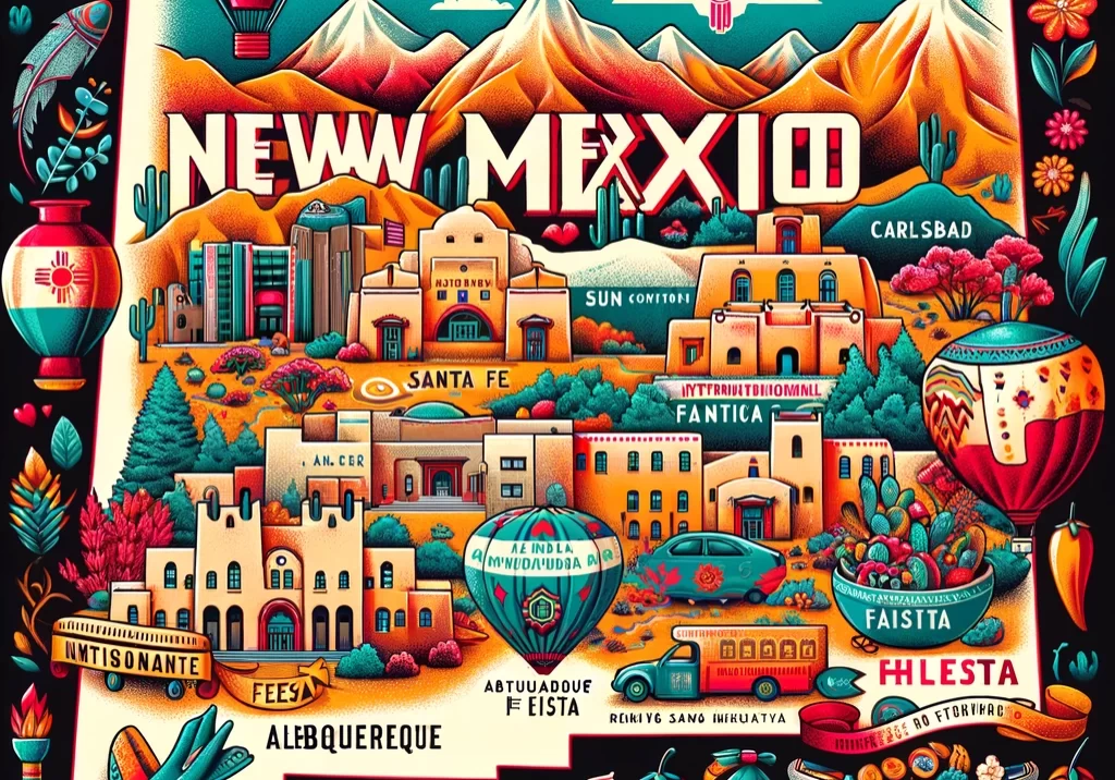 DALL·E 2024-03-03 14.02.41 - An illustrated map of New Mexico, showcasing its rich cultural heritage and stunning landscapes. Highlight the state capital, Santa Fe, with symbols r