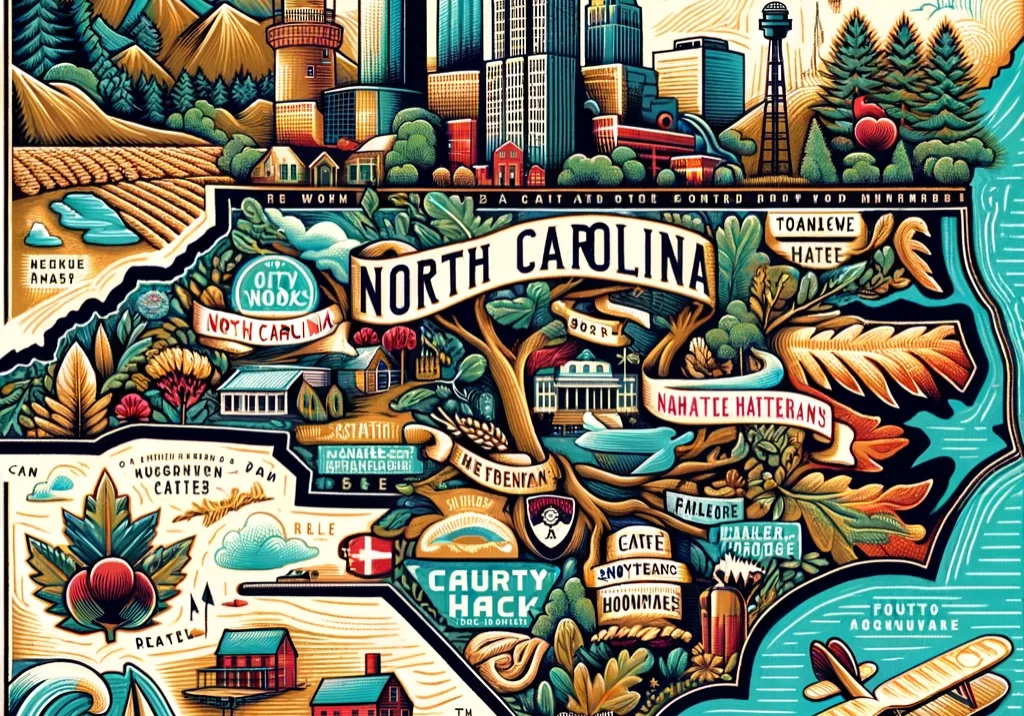 DALL·E 2024-03-03 14.04.29 - An illustrated map of North Carolina, highlighting its diverse regions from the Appalachian Mountains to the Atlantic Ocean coastline. Feature the sta