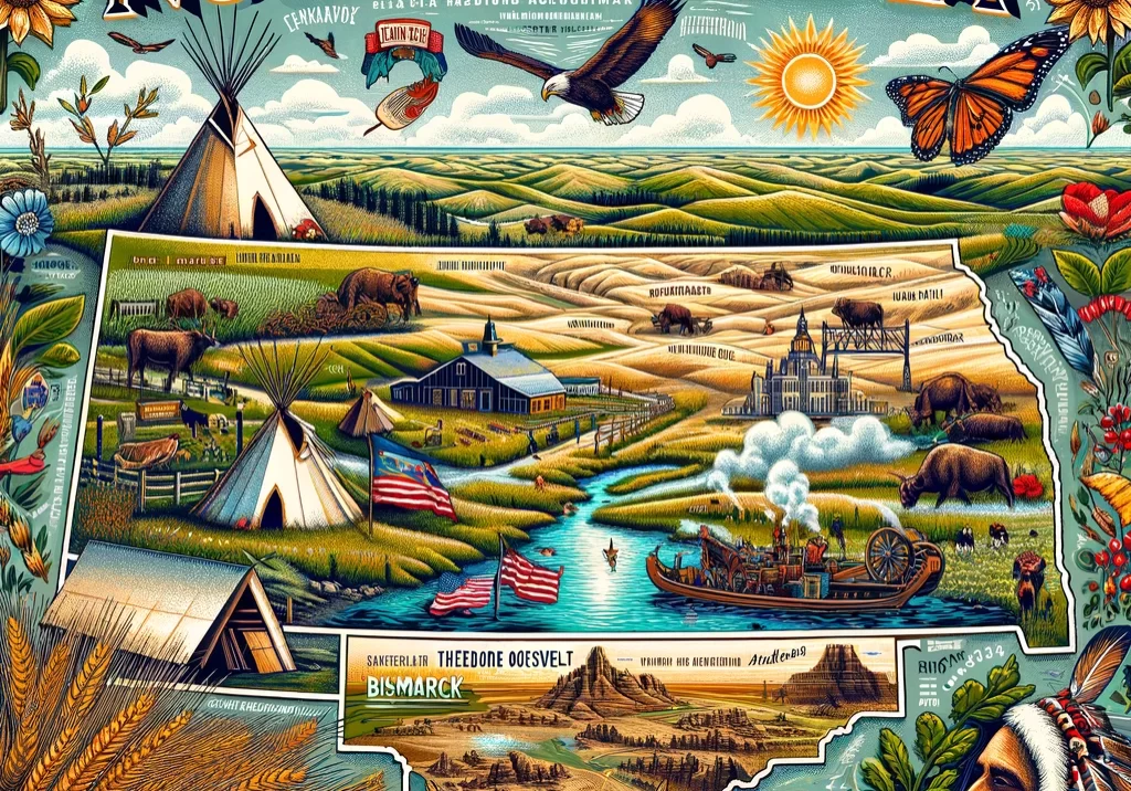 DALL·E 2024-03-03 14.05.09 - An illustrated map of North Dakota, showcasing its vast plains, agricultural lands, and significant historical landmarks. Highlight the state capital,