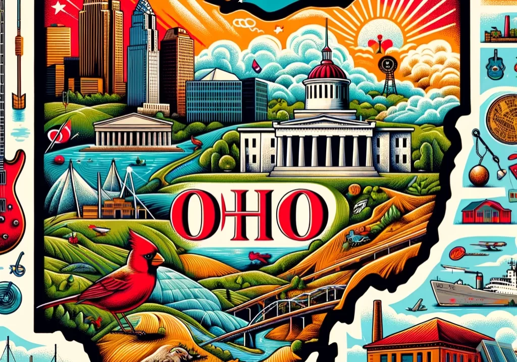 DALL·E 2024-03-03 14.06.23 - An illustrated map of Ohio, highlighting its diverse regions and cultural landmarks. Feature the state capital, Columbus, with symbols like the Ohio S