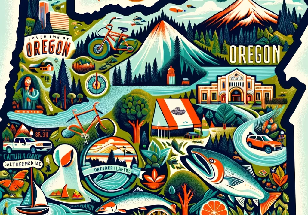 DALL·E 2024-03-03 14.16.47 - An illustrated map of Oregon, showcasing its diverse landscapes and environmental consciousness. Highlight the state capital, Salem, and include Portl