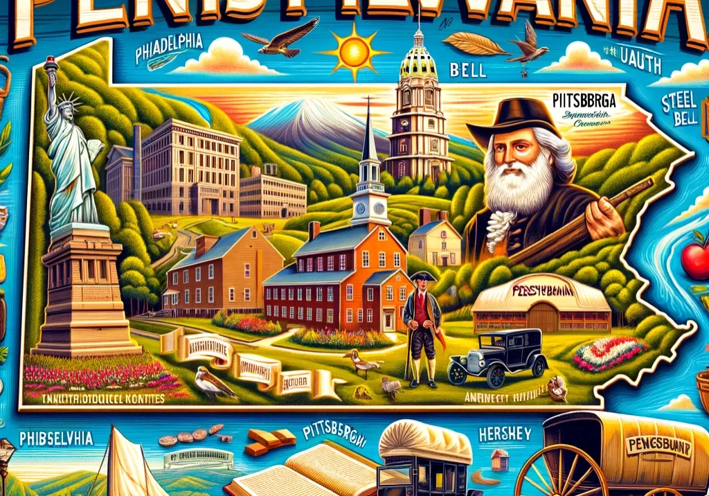 DALL·E 2024-03-03 14.18.34 - An illustrated map of Pennsylvania, highlighting its rich historical significance and diverse landscapes. Feature the state capital, Harrisburg, and i