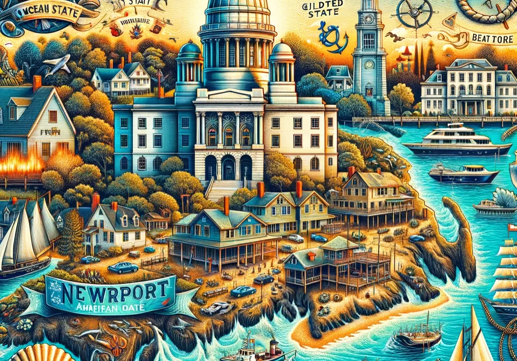 DALL·E 2024-03-03 14.19.50 - An illustrated map of Rhode Island, highlighting its coastal charm and rich maritime history. Feature the state capital, Providence, with symbols like