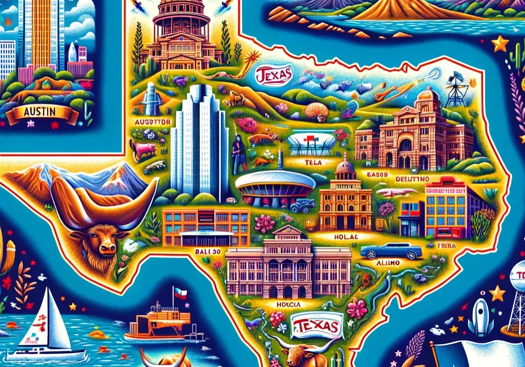 DALL·E 2024-03-03 19.44.45 - An illustrated map of Texas, showcasing its vast landscapes, iconic landmarks, and rich cultural heritage. Feature the state capital, Austin, with sym