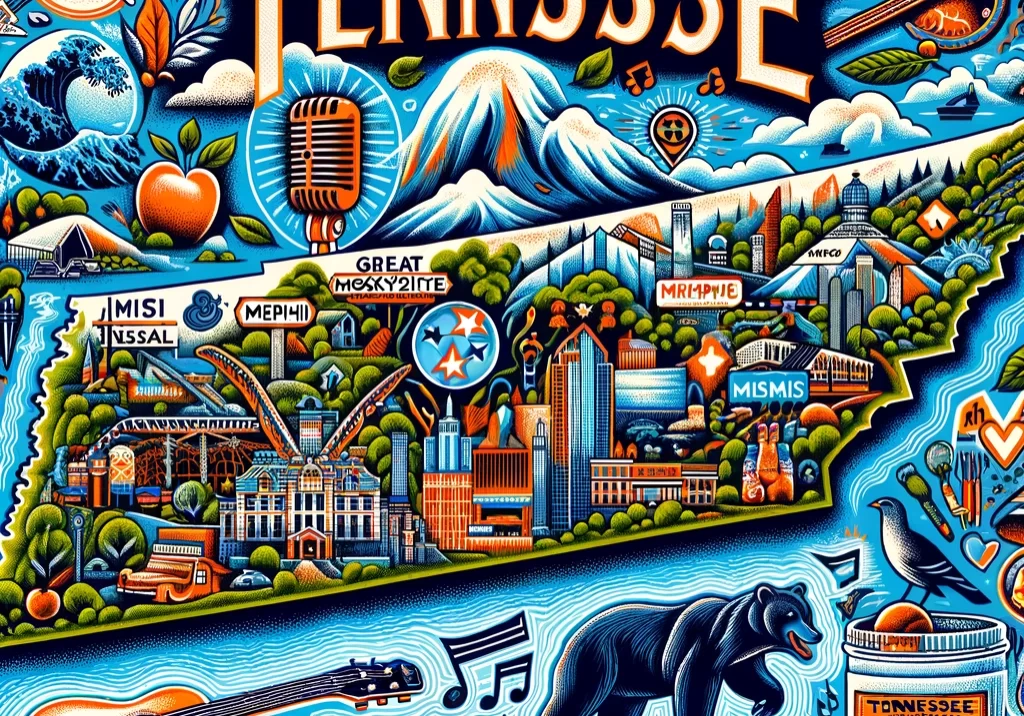 DALL·E 2024-03-03 19.46.12 - An illustrated map of Tennessee, emphasizing its rich musical heritage and natural landscapes. Feature the state capital, Nashville, with icons like a