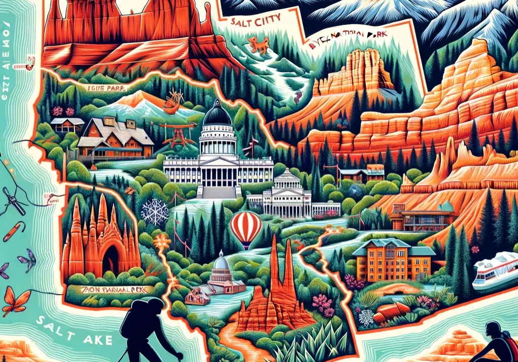 DALL·E 2024-03-03 20.20.23 - An illustrated map of Utah, showcasing its dramatic landscapes and outdoor recreation culture. Feature the state capital, Salt Lake City, with symbols