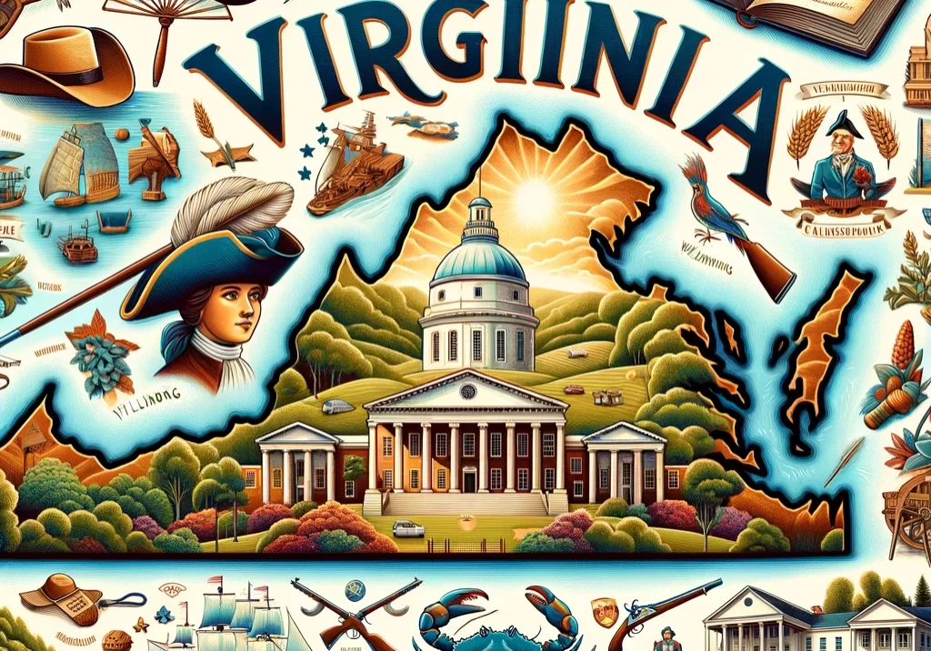 DALL·E 2024-03-03 20.37.44 - An illustrated map of Virginia, showcasing its rich historical significance and diverse landscapes. Feature the state capital, Richmond, with symbols