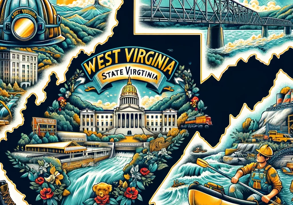 DALL·E 2024-03-03 20.39.52 - An illustrated map of West Virginia, emphasizing its rugged landscapes and rich coal mining heritage. Feature the state capital, Charleston, with symb