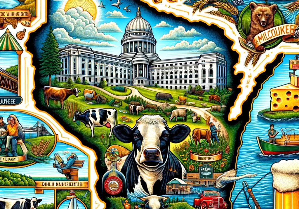 DALL·E 2024-03-03 20.40.55 - An illustrated map of Wisconsin, showcasing its rich dairy farming heritage and natural beauty. Feature the state capital, Madison, with symbols like