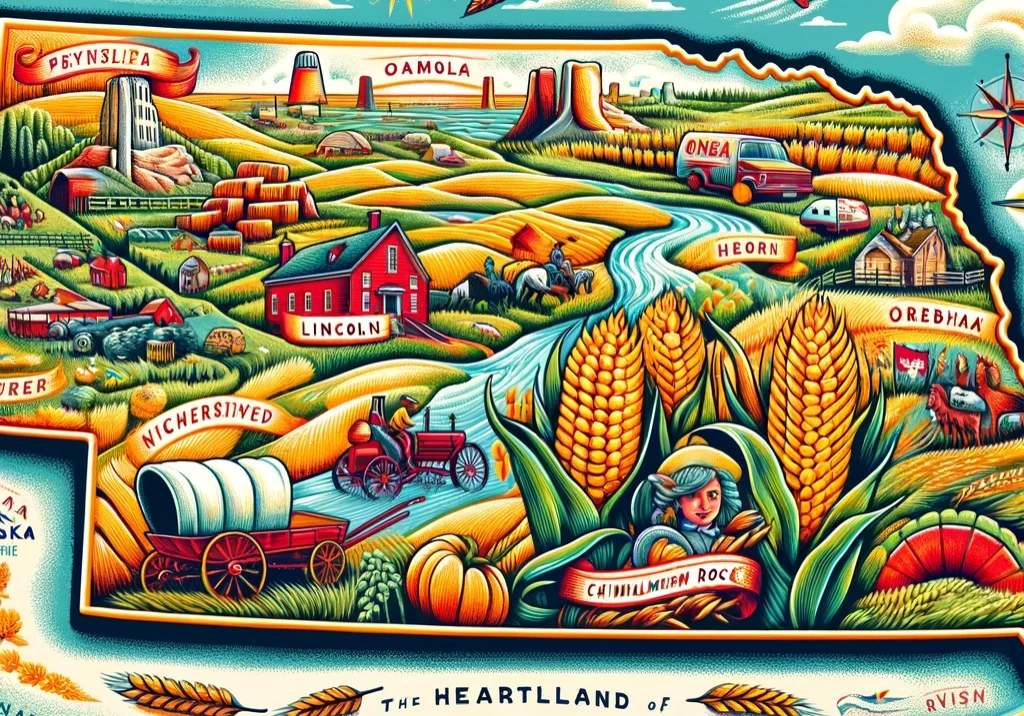 DALL·E 2024-03-03 21.02.13 - An illustrated map of Nebraska, emphasizing its role in the heartland of America with vast farmlands and the Great Plains. Highlight the state capital