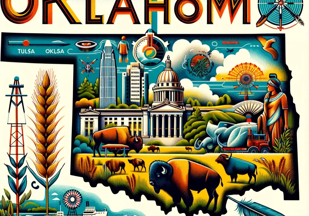 DALL·E 2024-03-03 21.03.26 - An illustrated map of Oklahoma, emphasizing its rich Native American heritage and significant natural resources. Feature the state capital, Oklahoma C